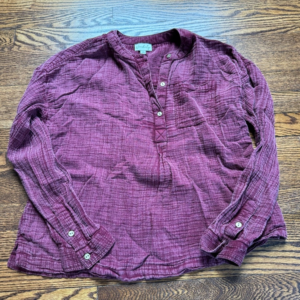 Wonderly Textured Gauze Long Sleeve Blouse Burgundy Size Small